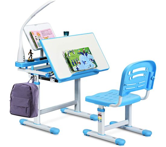 Set Bureau Et Chaise Pour Enfants Avec Lampe LED,bureau Inclinable 0°-40°,charge Maximale 80kg Bleu