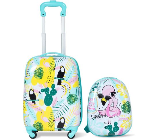 Valise Enfant 16" Et Sac À Dos 12",bagage À Main En Dessin Flamingo Avec 4 Roulettes Et Poignée Rég