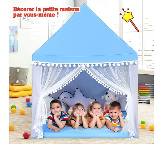 Tente De Jeu Enfant Château Intérieur De Princesse / Prince Cadre En Bois, Couverture En Bleu