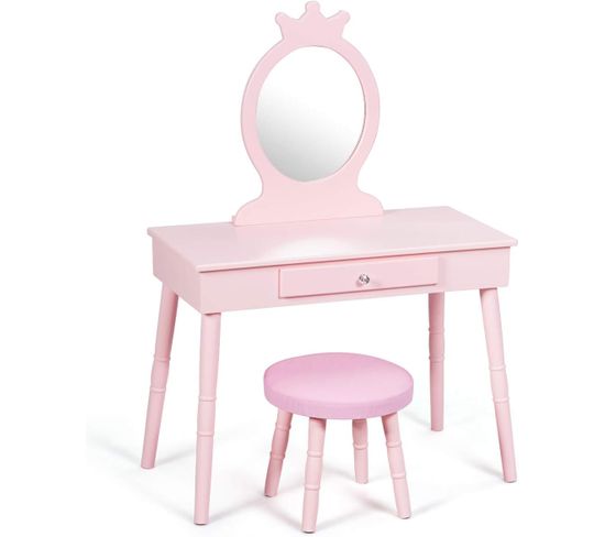 Coiffeuse Enfant Avec Tiroir Et Tabouret, Table De Maquillage De Filles Style Princesse Européenne