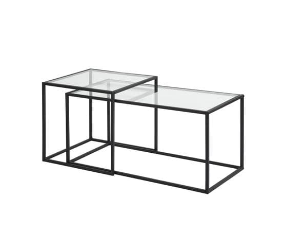 Lot de 2 tables basses gigognes industriel rectangulaire en verre trempé et cadre en métal, noir