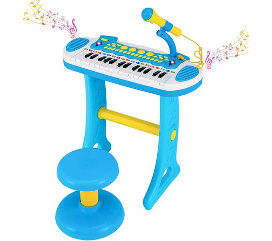Piano Pour Enfants De 3+ Ans Avec 31 Touches,tabouret,microphone, Effets Lumineux, 45x23x45cm, Bleu