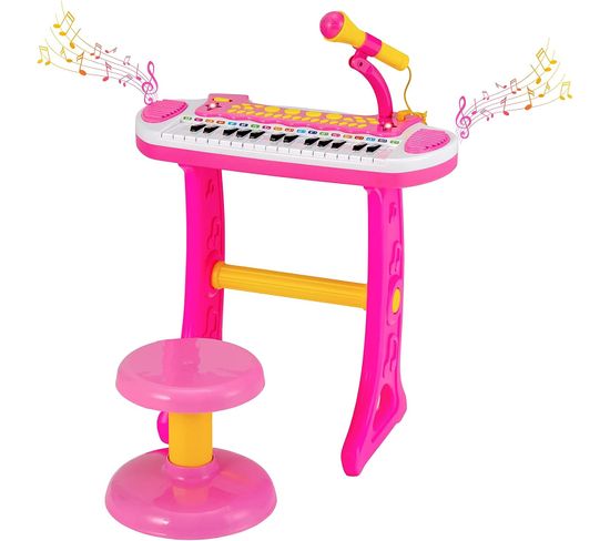 Piano Pour Enfants De 3+ Ans Avec 31 Touches,tabouret,microphone, 45x23x45cm, Rose