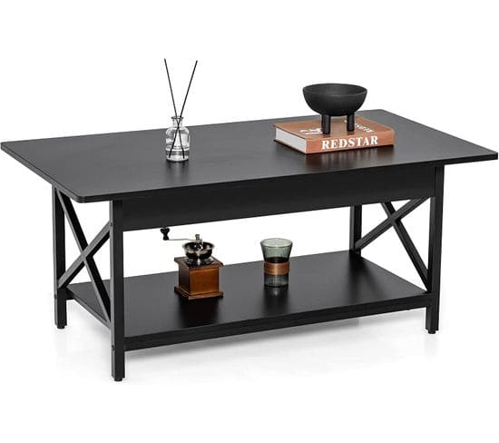 Table Basse À 2 Niveaux, 110 X 60 X 48 Cm, Avec Cadre Métallique En Forme X, Pieds Réglables, Noir
