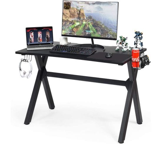 Bureau Gaming Pour Gamer Table Ergonomique Avec Porte-gobelet Et Crochet - 123 X 60 X 76 Cm