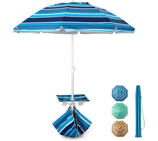 Parasol Jardin Inclinable 192cm Avec Table Porte-gobelet Pour Plage Bleu Marine