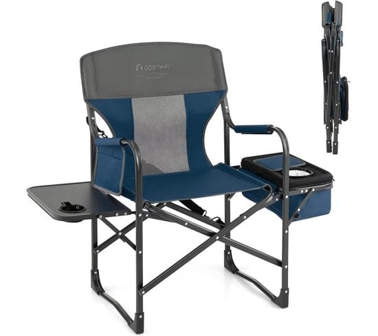 Chaise De Camping Pliante Avec Table Latérale Et Sac Isotherme Charge 180kg(bleu)