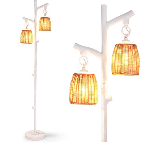 Lampadaire Sur Pied En Forme D’arbre, Lampe Avec 2 Abat-jour En Osier, Culot E27, Pour Salon