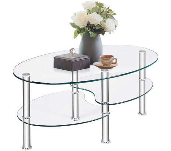 Table Basse En Verre Transparente Avec 3 Etagères En Verre Trempé,  Chambre, 90x50x45cm