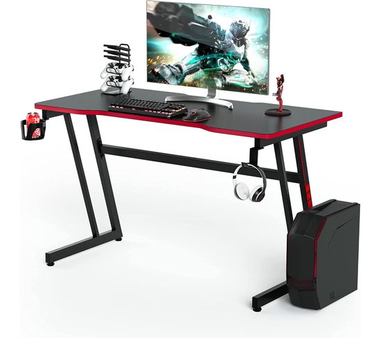 Bureau Gamer 120x60 Cm, Avec Surface En Fibre De Carbone Porte-gobelet Et Support De Manette Rouge