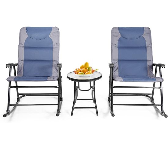 Ensemble De Jardin 3 PCs Table Basse En Verre Avec 2 Chaises Extérieures Bleu