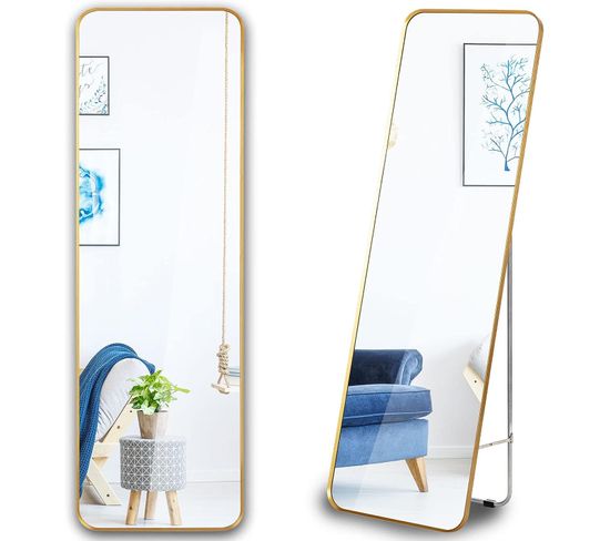 Miroir Autoportant Rectangulaire Mural Avec Support En Acier Doré 40 X 130 Cm
