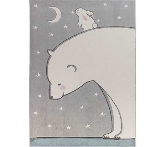 Tapis Enfant Ours/lapin Nuit Étoilée Blanc/gris 120x170