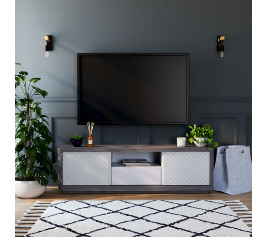 Meuble TV L.170 cm CARTESIA imitation chêne gris et blanc