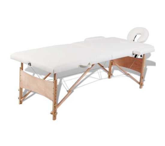 Table Pliable De Massage Blanc 2 Zones Avec Cadre En Bois Crème 02_0001874