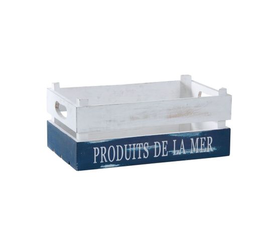 Caisse "produits De La Mer" En Bois Patiné Blanc Et Bleu
