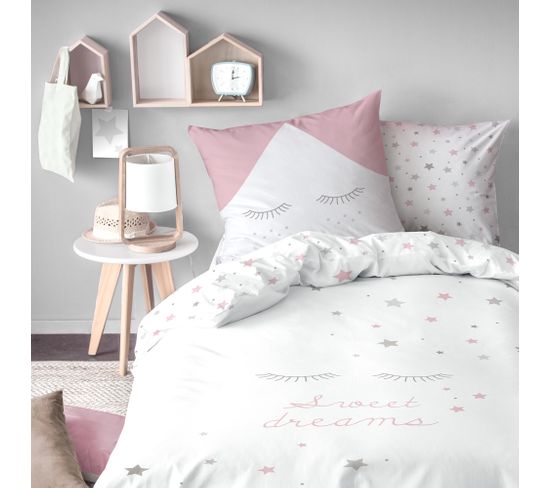 Parure De Lit Imprimée 100% Coton, Sweet Dreams Pink 140x200+63x63cm