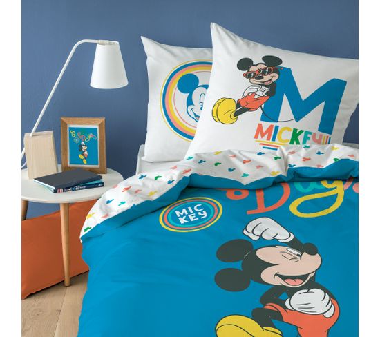 Parure De Lit Imprimée 100% Coton, Disney Home Mickey Good Days 140x200+63x63cm