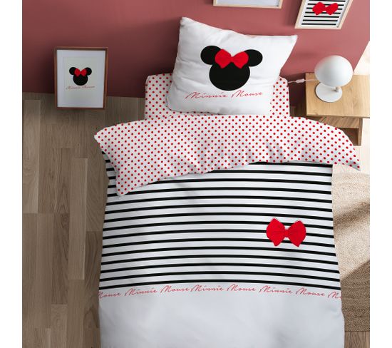 Parure De Lit Imprimée 100% Coton, Disney Home Minnie Stripes 240x220+2x63x63cm