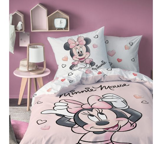 Parure De Lit Imprimée 100% Coton, Disney Home Minnie Smile 140x200+63x63cm