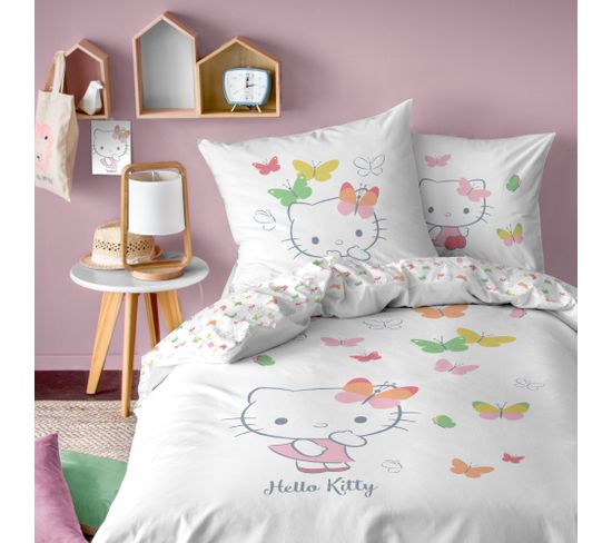 Parure De Lit Imprimée 100% Coton, Hello Kitty Papillons 140x200+63x63cm