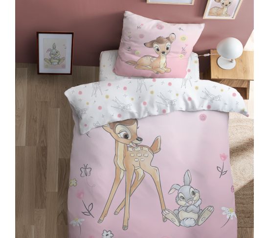 Parure De Lit Imprimée 100% Coton, Disney Home Bambi Flowers 140x200+63x63cm