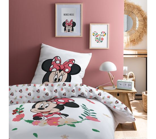 Parure De Lit Imprimée 100% Coton, Disney Home Minnie Flower 140x200+63x63cm