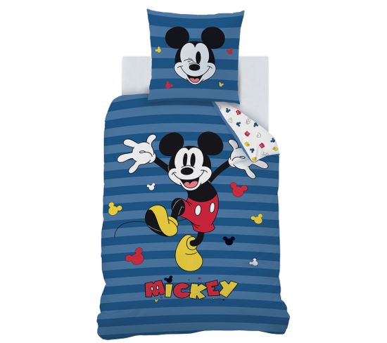 Parure De Lit Imprimée 100% Coton, Disney Home Mickey Stripes 140x200+63x63cm