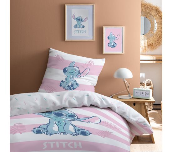 Parure De Lit Imprimée 100% Coton, Disney Home Stitch Stripe 140x200+63x63cm