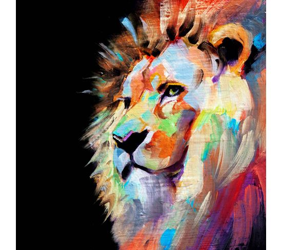 Tableau Sur Verre Synthétique Lion Coloré 90x90 Cm