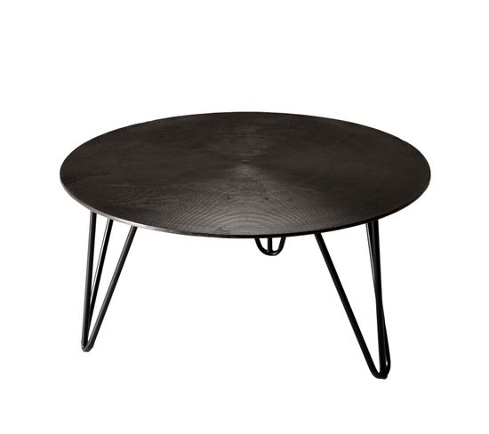 Jonas - Table Basse Ronde 75x75cm Aluminium Noir Pieds Épingles Métal Noir