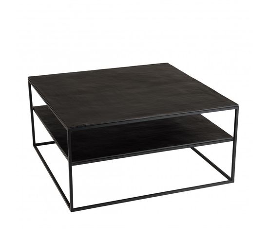 Jonas - Table Basse Double Plateau 80x80cm Aluminium Noir Pieds Métal