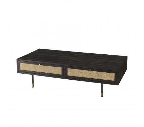Yanis - Table Basse Noire Bois Pin 4 Tiroirs Cannage