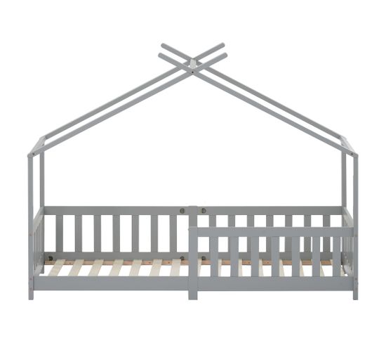 Lit cabane pour enfant 200x90, en bois massif avec sommier à lattes et protection contre chute, gris