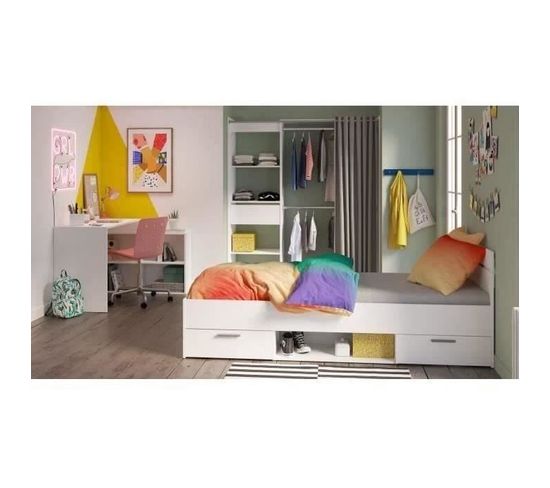 Chambre Complete Enfant Lila - Lit + Bureau + Dressing - Blanc