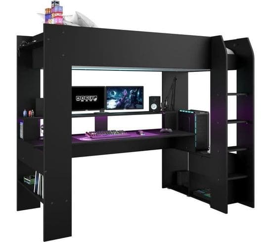 Lit Mezzanine Combiné Enfant LED Gamer Online - 90 X 200 Cm - Noir Mat - Sommier Inclus