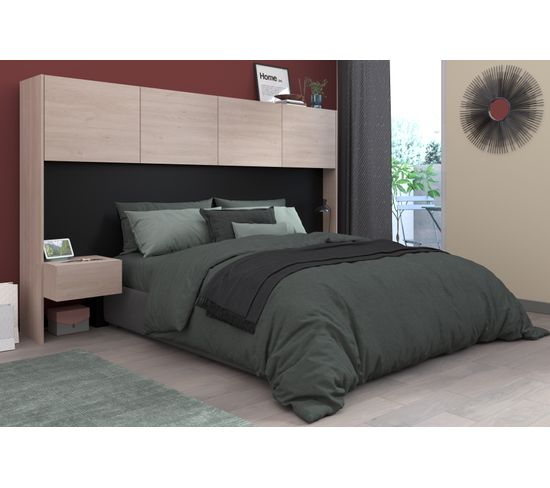 Tête de lit avec 2 chevets SANTORIN noir et imitation chêne
