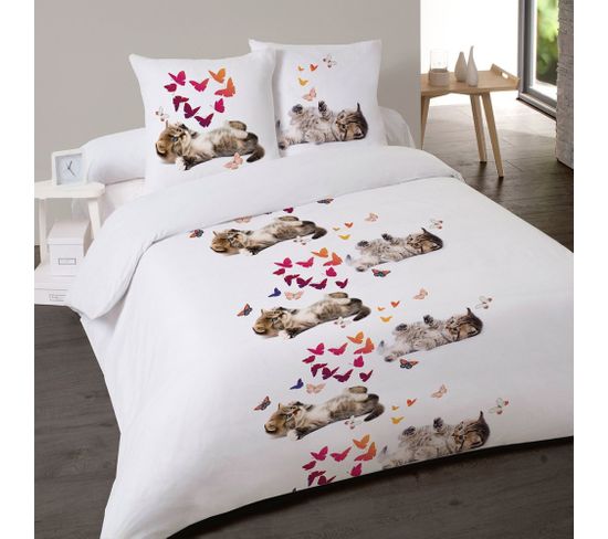 Housse De Couette 200x200 Sweet Kitty + 2 Taies Coton 52 Fils