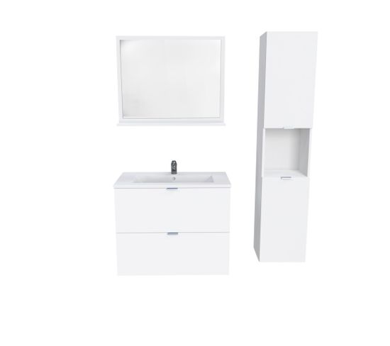 Meuble Sous-vasque Malaga 80 Cm + Vasque + Miroir + Colonne / Blanc