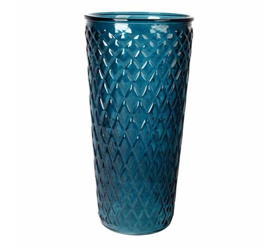Vase Déco En Verre "relief Losange" 23cm Bleu Indigo