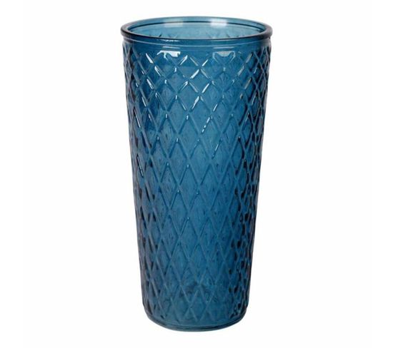 Vase Déco En Verre "relief Losange" 30cm Bleu Indigo
