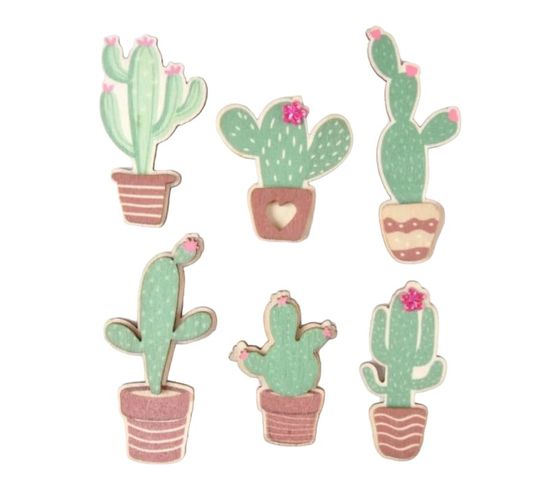 Lot De 6 Stickers En Bois "cactus" 5cm Vert