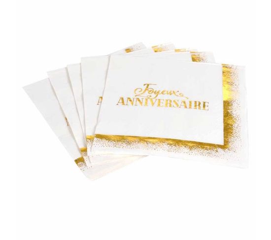 Lot De 20 Serviettes En Papier "anniversaire Gold" 33x33cm Blanc