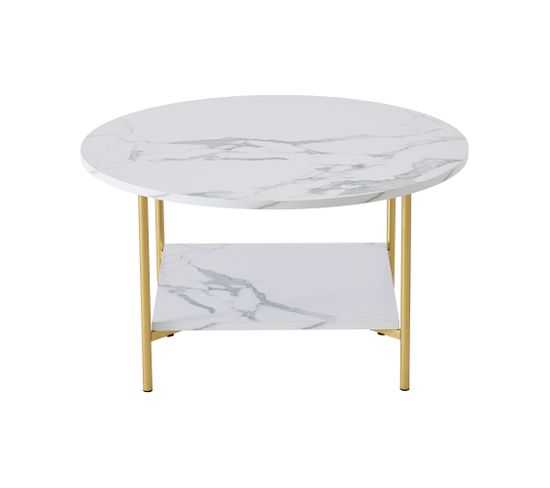 Table basse ronde moderne avec rangement, structure en métal doré avec plateau couleur marbre
