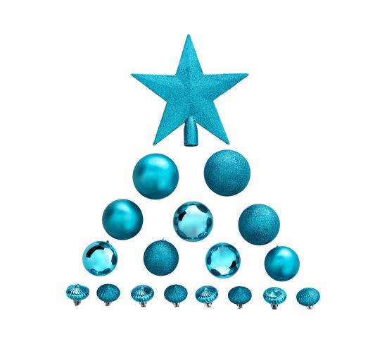 Déco De Sapin De Noël Kit De 18 Pièces Boules Et Cimier - Turquoise