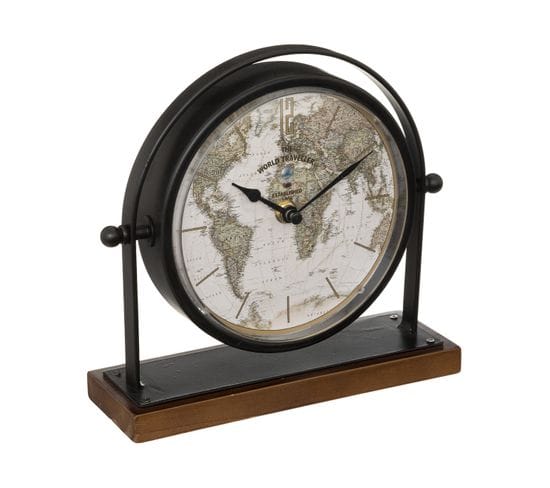Horloge À Poser Globe En Métal Noir Déco Rétro H 20 Cm