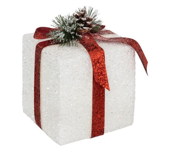 Déco De Noël Paquet Cadeau Blanc Et Rouge 15 X 15 X 20 Cm