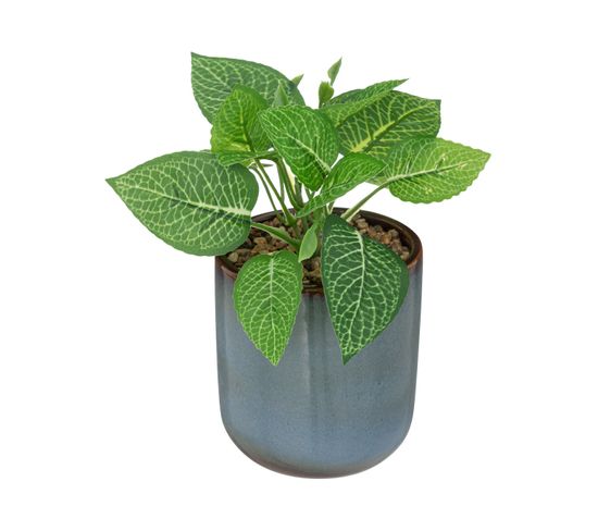 Plante Verte Artificielle Pot En Céramique Bleue Émaillée H 16 Cm