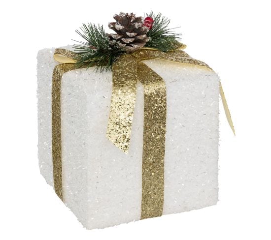 Déco De Noël Paquet Cadeau Blanc Et Doré 15 X 15 X 20 Cm