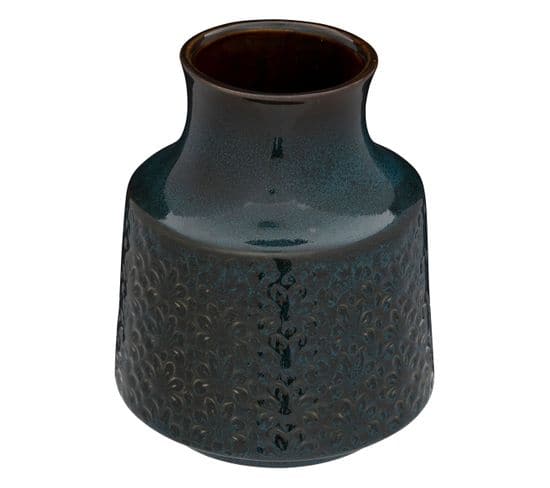 Vase En Céramique Émaillée Bleu Motif En Relief D 15 X H 18 Cm